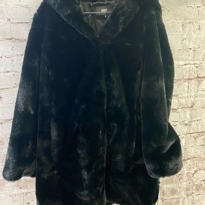DKNY black faux fur winter coat with hood size M.